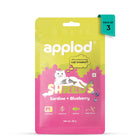 Applod sardine and blueberry cat treats pack of 3 with cartoon cat holding fish and zigly branding