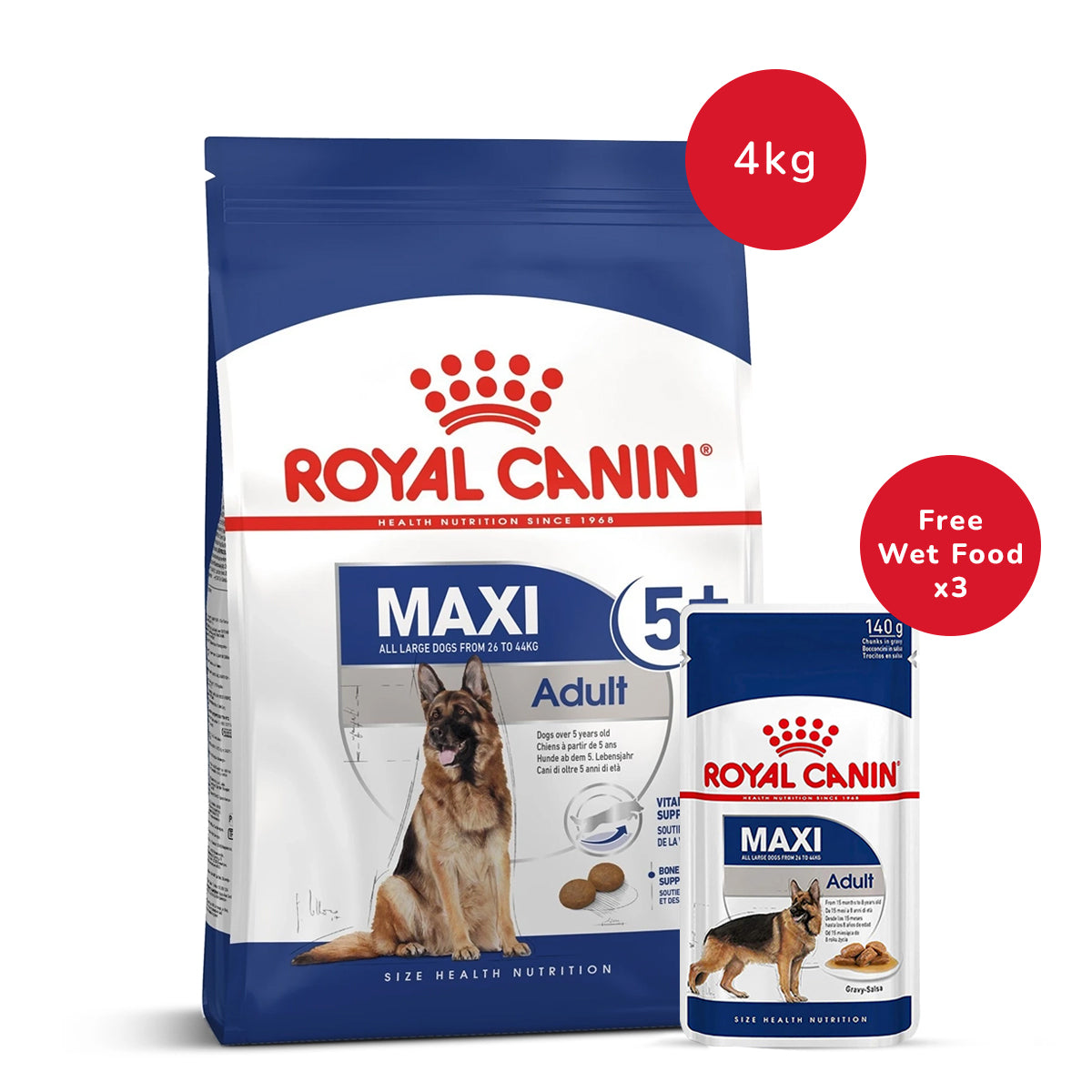 Royal Canin Maxi Adult 5+ Years Dry Dog Food - 4 kg + Maxi Adult Wet Dog Food (140gm x 3)