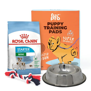 Zigly puppy essentials including Royal Canin mini starter food, Fur Pro puppy training pads, chew toy, and stainless steel bowl