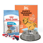 Zigly puppy care kit with Royal Canin medium starter food, Furpro training pads, stainless steel bowl, and rope toy