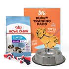 Zigly puppy combo with Royal Canin giant starter food, FurPro puppy training pads, steel bowl, and rope toy