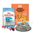 Zigly puppy care combo with Royal Canin mini puppy food, furpro puppy training pads, stainless steel bowl, and rope toy