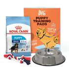 Zigly puppy combo with Royal Canin Maxi puppy food, Fur Pro training pads, rope toy, and metal bowl