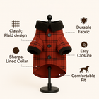 Red plaid dog jacket with sherpa-lined collar, durable fabric, easy closure, comfortable fit Zigly