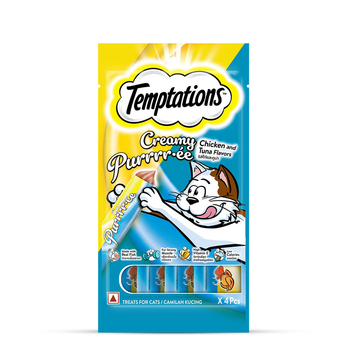 Temptations Creamy Purrrr-ee Chicken and Tuna Flavour Meaty Cat Treat - 48 gm (12 gm x 4 Pcs)
