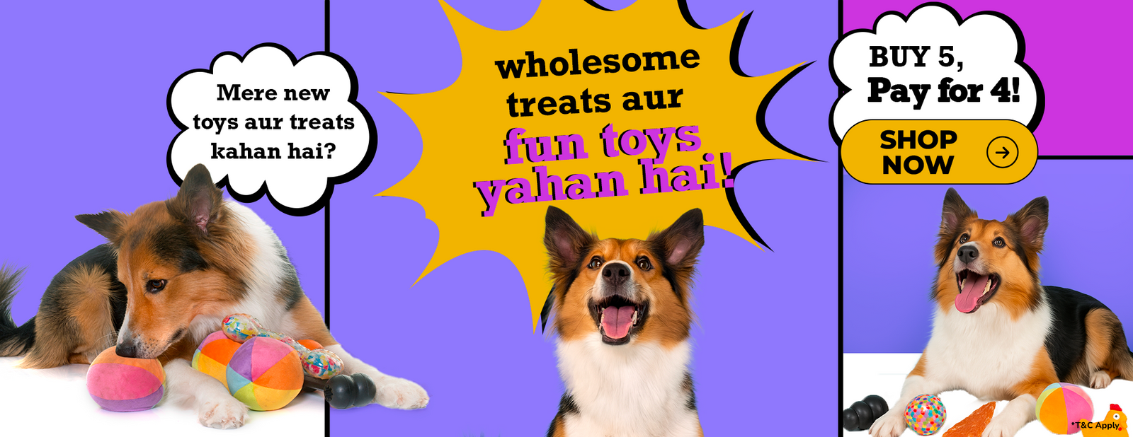 Promotional banner with dogs and toys on a purple background, featuring text and a call to action.