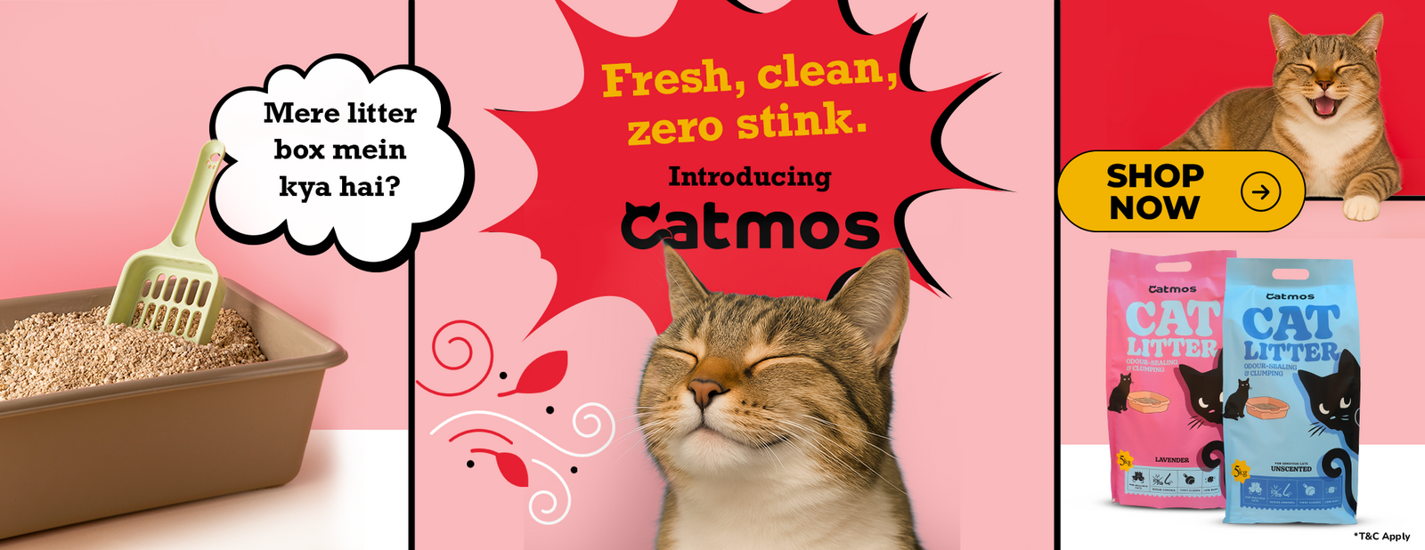 Advertisement for Catmos cat litter with a cat, litter box, and packaging on a pink background.