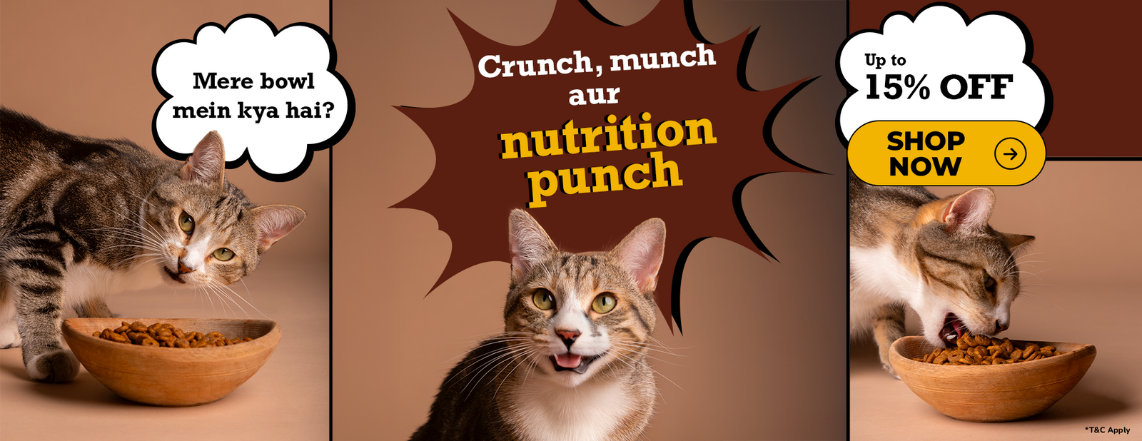 Cat eating from a bowl with promotional text and offer on a brown background