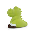 Zigly green dinosaur squeaker dog toy with brown foot on white background