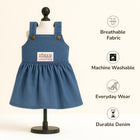 Zigly durable denim dog frock on mannequin, breathable fabric, machine washable, everyday wear