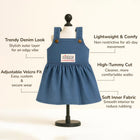 Zigly denim frock for dogs on mannequin with adjustable Velcro, comfy fabric, and high-tummy cut