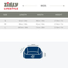 Zigly Lifestyle dog bed size chart showing small, medium, and large dimensions in cm and inches