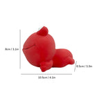 Red plush toy with dimensions labeled on a white background