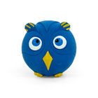 Zigly blue owl squeaky dog toy with yellow beak and feet on white background