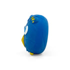Zigly blue owl squeaker puppy toy with yellow accents, side view on white background