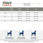 Zigly dog shirt size guide with measurements for XS to XL, including back length, neck, and girth