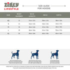 Zigly size guide chart for dog hoodies with measurements for body number, back length, neck, and girth in cm and inches