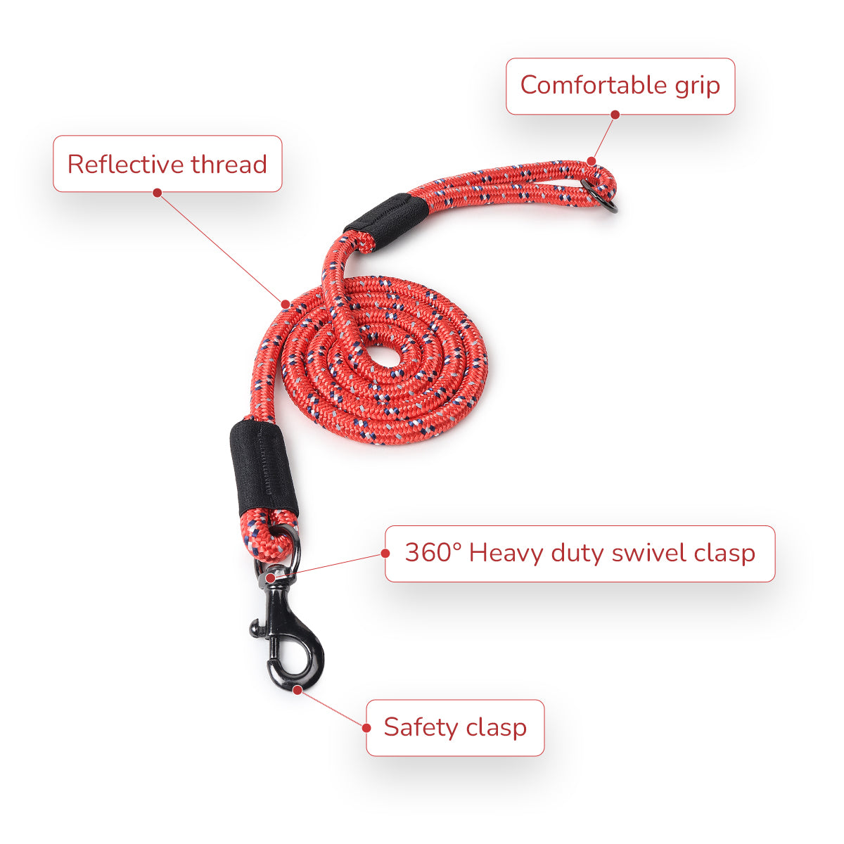 ZL Reflective Rope Dog Leash - Red 