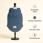 Zigly durable denim dog shirt on mannequin with breathable fabric and machine washable features