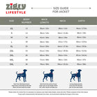 Zigly Lifestyle dog jacket size guide chart with measurements for back length, neck, and girth in cm and inches