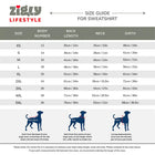 Zigly Lifestyle dog sweatshirt size chart with body number, back length, neck, and girth measurements