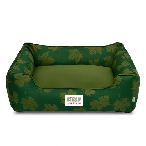 Zigly green leafy lounger dog bed with comfortable cushion and nature-inspired design
