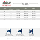 Zigly Lifestyle dog frock size guide chart with measurements for XS to XL sizes including body number, back length, neck, and girth