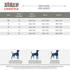Zigly lifestyle dog jacket size guide with measurements for XS to XL including body number, back length, neck, and girth