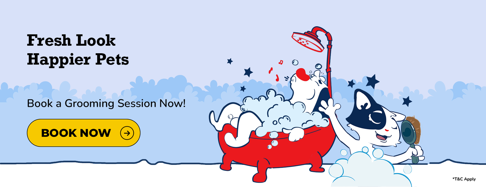 Cartoon dogs in a bath with a shower head, book now button, and promotional text for grooming services.