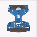 Blue dog harness with gray padding, adjustable straps, and safety buckle — zigly