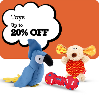 Two plush toys and a red bone-shaped toy with a promotional text bubble indicating 'Toys Up to 20% OFF' on an orange background.