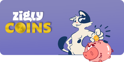 Zigly Coins logo with a cartoon cow and piggy bank on a purple background
