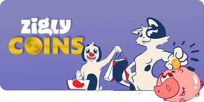 Cartoon characters with a piggy bank and shopping bags on a purple background, featuring the brand 'Zigly Coins'.
