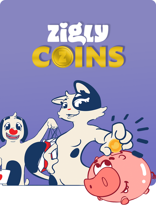 Cartoon characters with a piggy bank and the text 'Zigly Coins' on a purple background