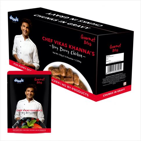 Drools Gourmet Bites Chicken Chunks in Gravy, Puppy Wet Dog Food, Vikas Khanna's Recipe - 150g (Pack of 15)