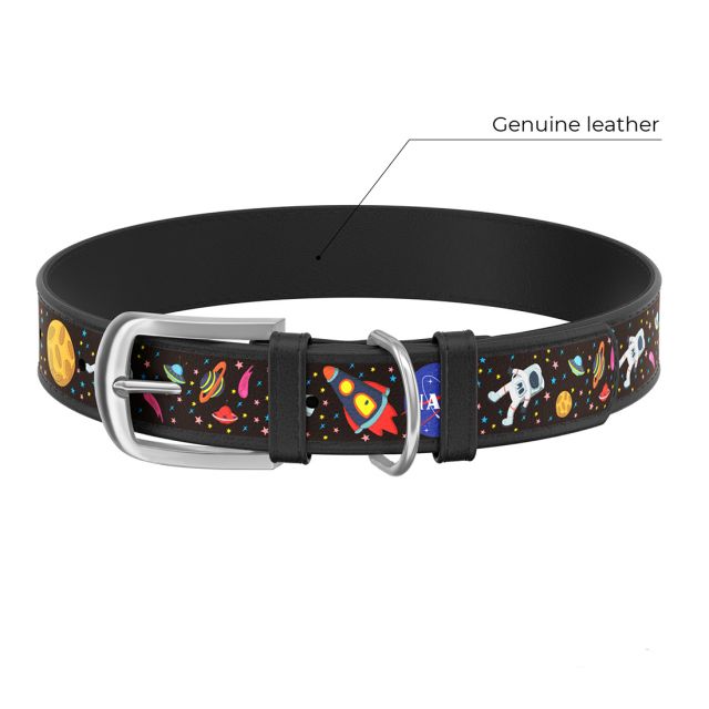 Waudog Genuine Leather NASA Pattern Dog Collar Black (25 mm) L (38-49 cm)