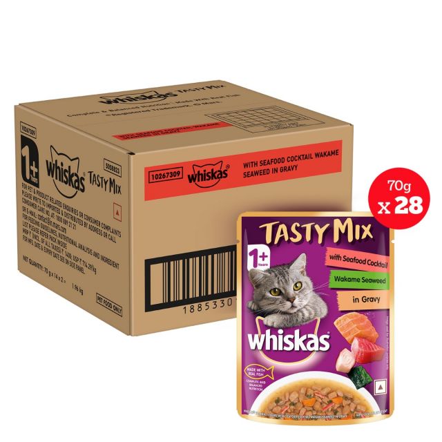 Whiskas Tasty Mix Seafood Cocktail Wakame Seaweed in Gravy Adult (1+ year) Wet Cat Food - 28 x 70g Pouch