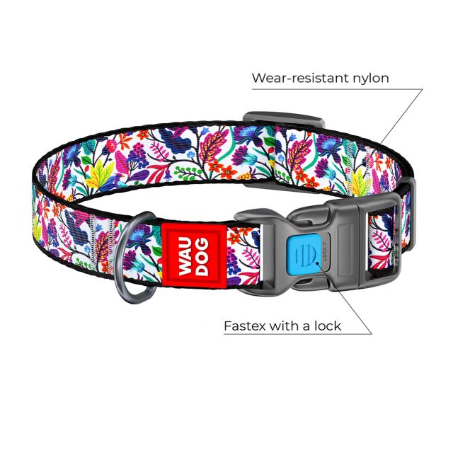 Waudog Magic Flowers Pattern Plastic Fastex Nylon Dog Collar (20 mm) Small (24-40 cm)