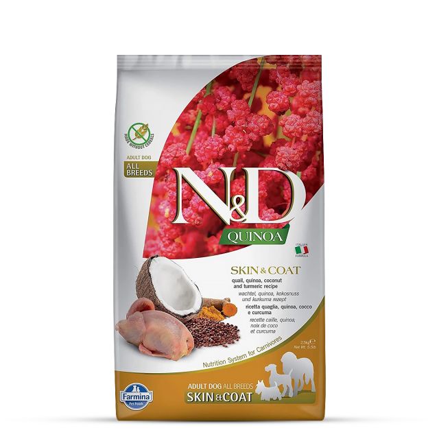 Farmina N&D Grain Free Quinoa Skin & Coat - (Quail, Coconut & Turmeric) Adult All Breeds Dry Dog Food - 2.5 kg
