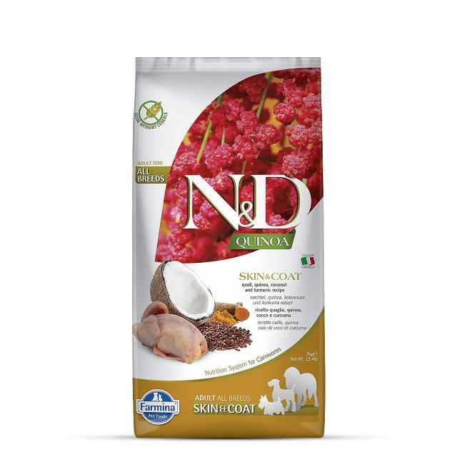 Farmina N&D Grain Free Quinoa Skin & Coat - (Quail, Coconut & Turmeric) Adult All Breeds Dry Dog Food - 7 kg