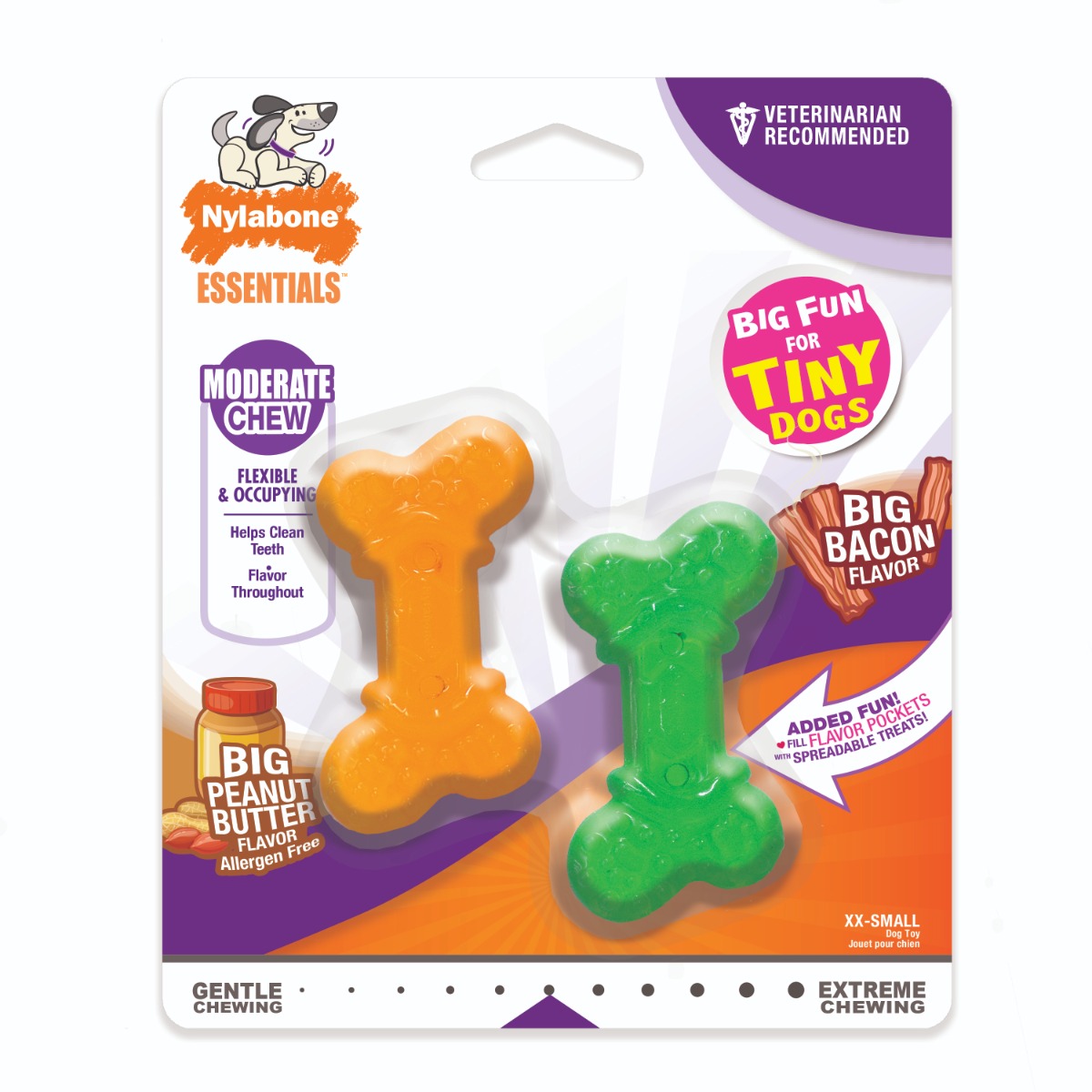 Nylabone Twin Pack Mini Peanut butter & Bacon Flavoured Moderate Chew Toy